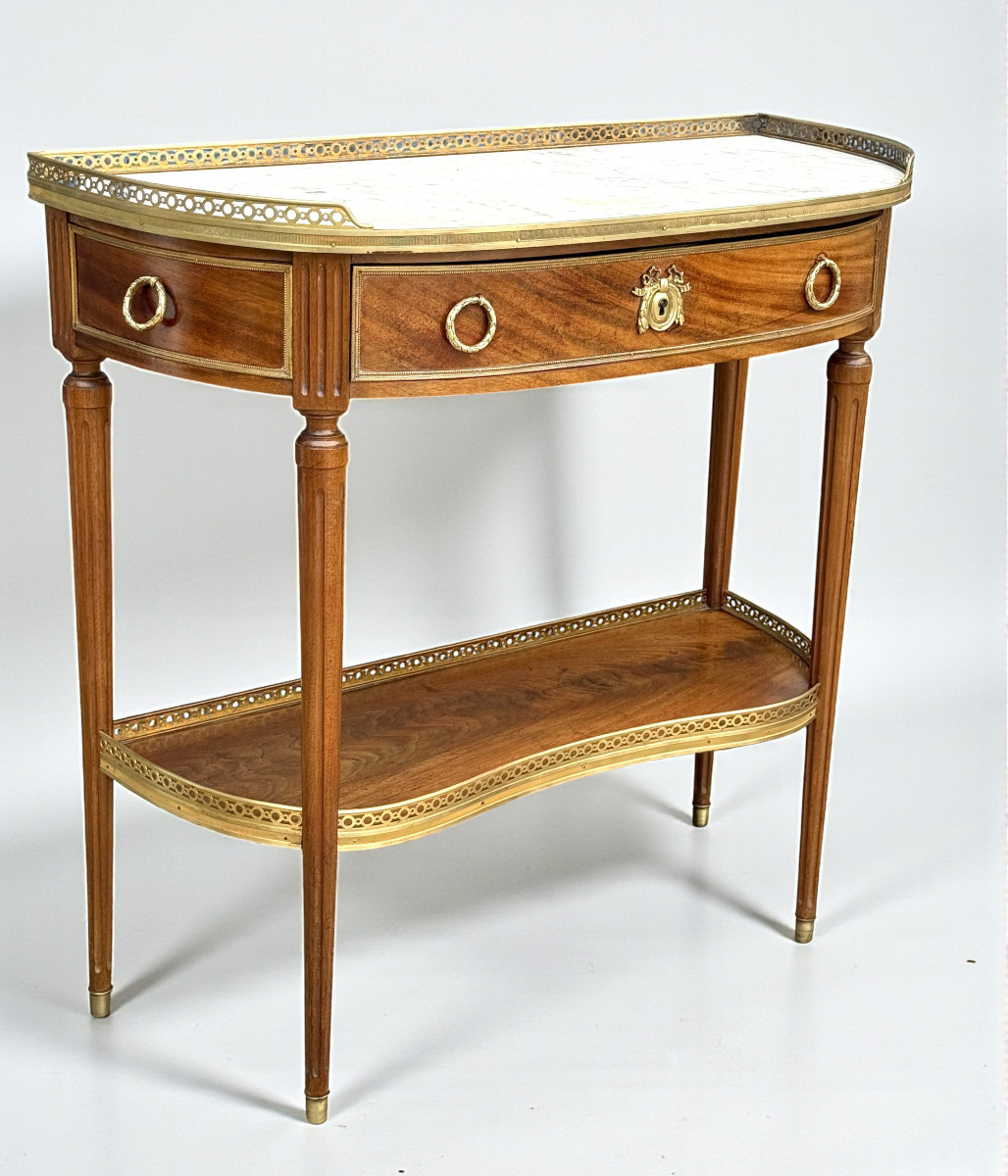 19th Century Louis XVI Style Half-moon Console Table In Marquetry With White Marble Top