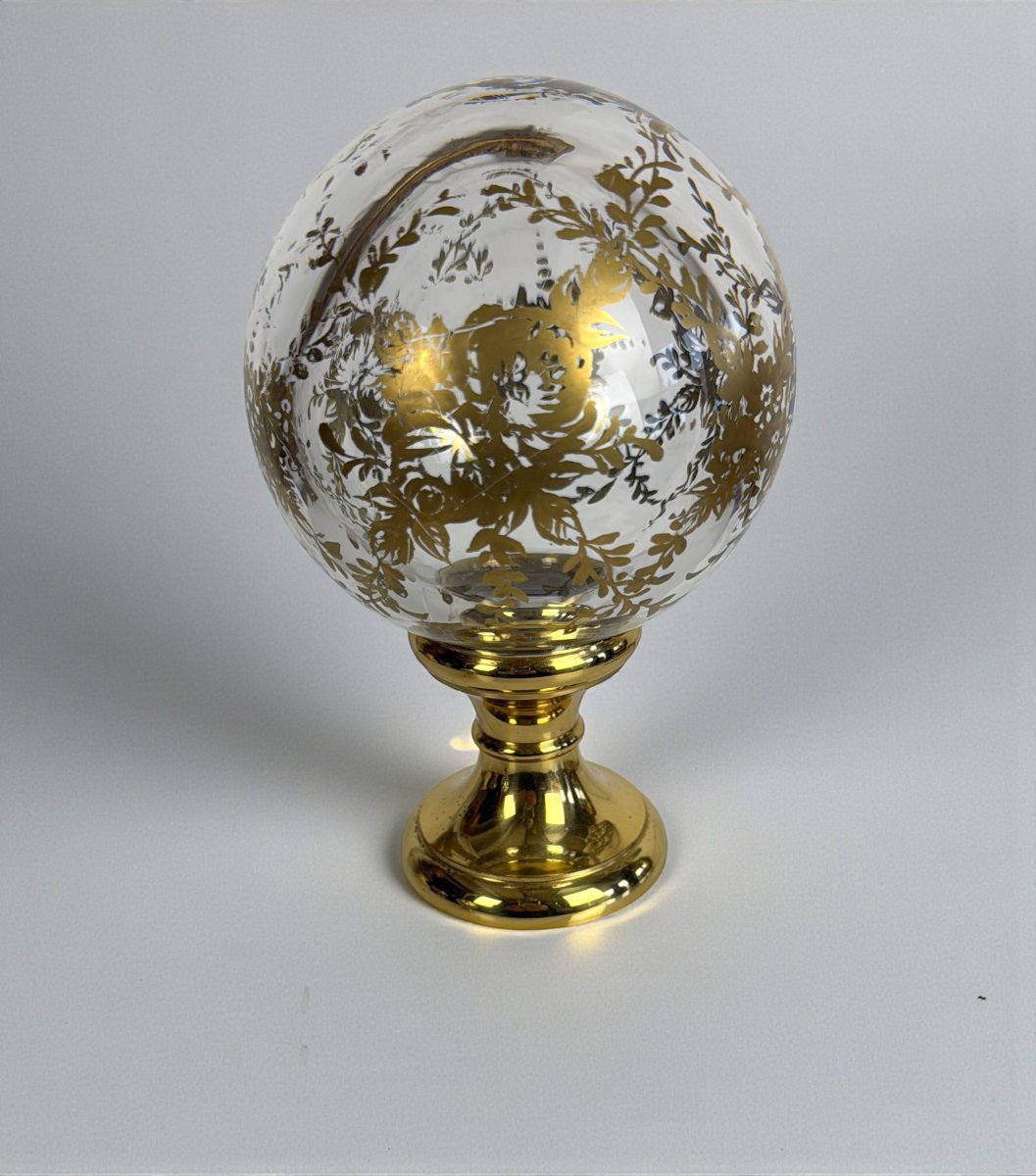 Hand-blown Crystal Stair Ball Decorated With Gold Leaf On A Base-photo-3