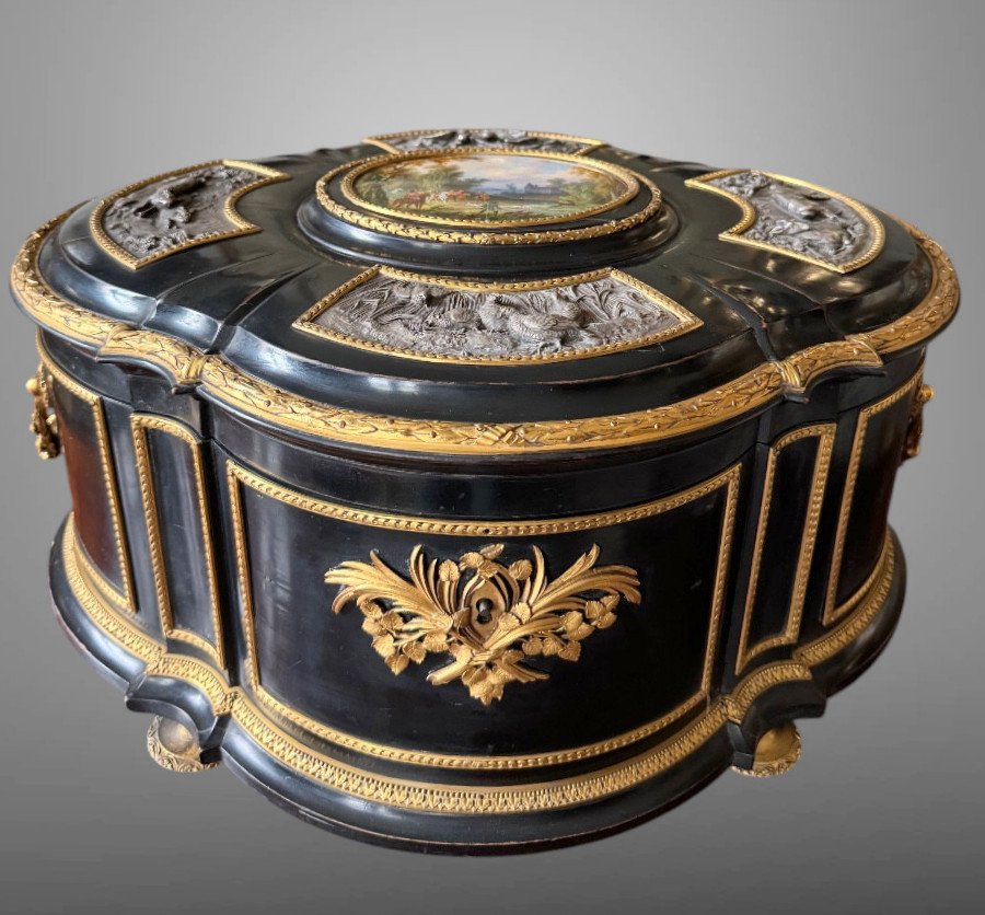 GRAND COFFRET SIGNÉ ALPHONSE GIROUX A DECOR DE SCENES DE CHASSE EPOQUE NAP III-photo-8