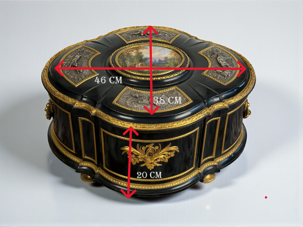 GRAND COFFRET SIGNÉ ALPHONSE GIROUX A DECOR DE SCENES DE CHASSE EPOQUE NAP III-photo-4