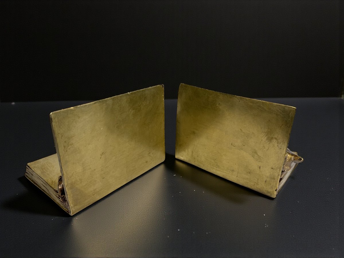 Gilt Bronze Bookends Signed A. Duchène, Depicting Mice And A Cat-photo-3