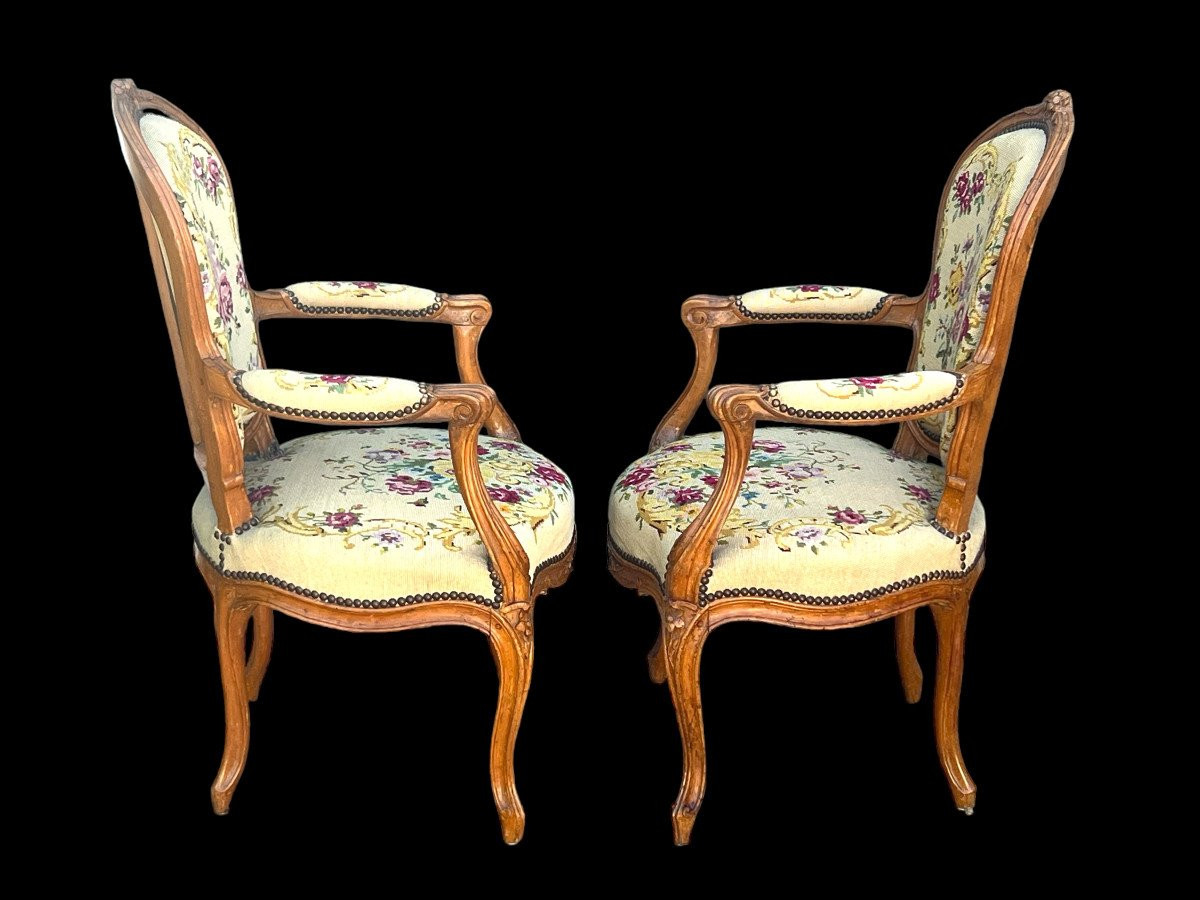 Pair Of 18th-century Louis XV Cabriolet Armchairs With Petit-point Tapestry-photo-3