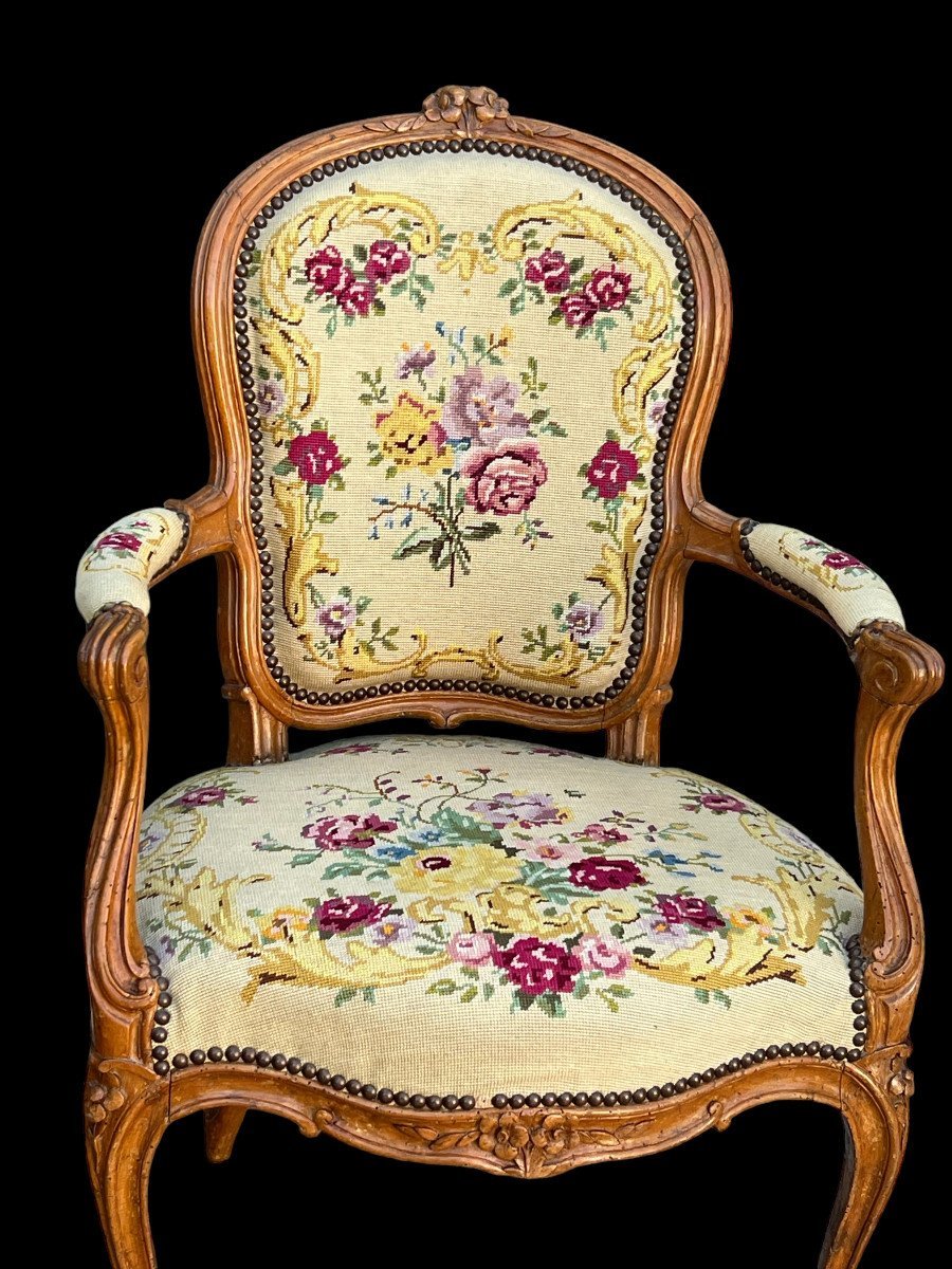 Pair Of 18th-century Louis XV Cabriolet Armchairs With Petit-point Tapestry-photo-2