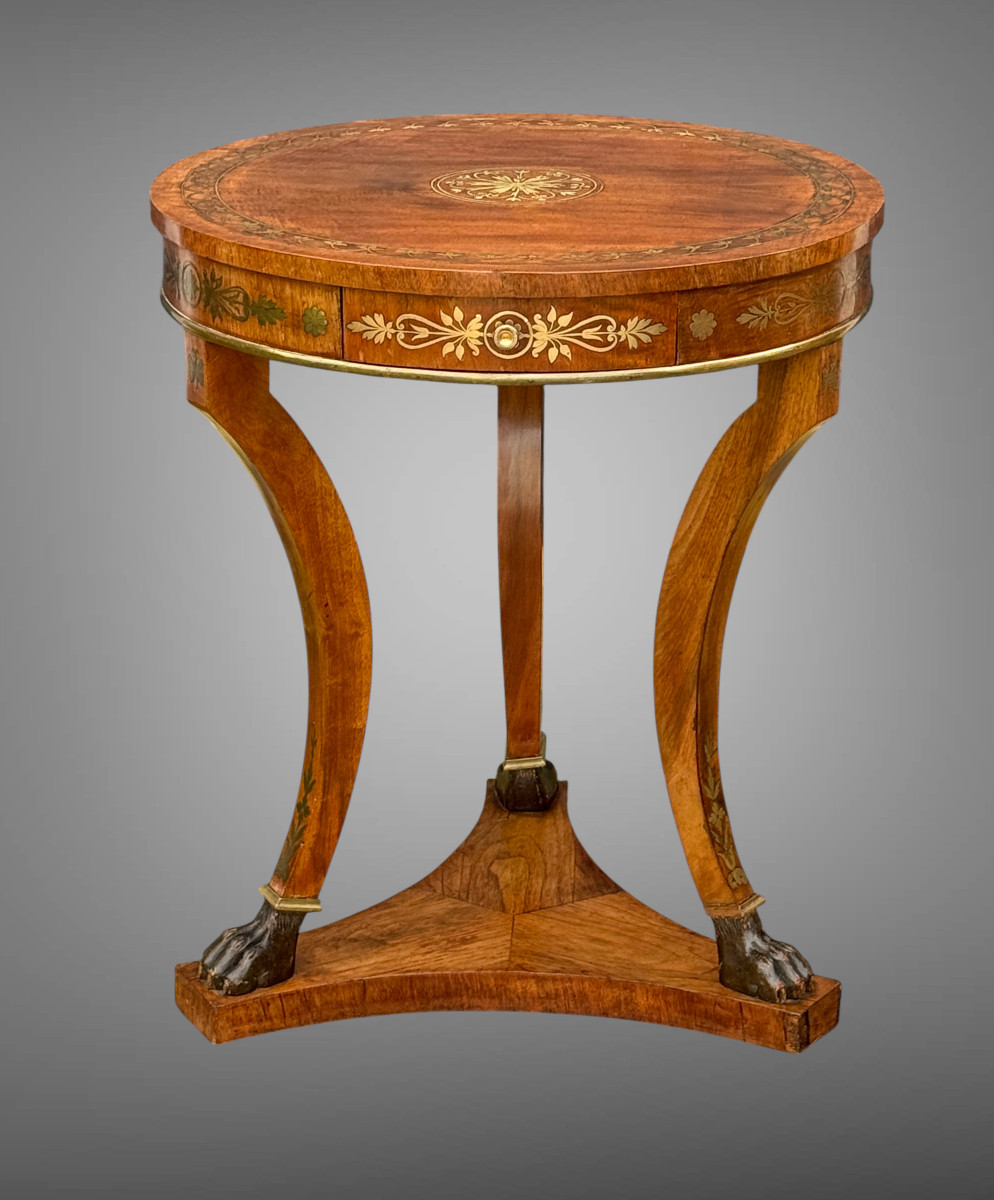 19th Century Round Tripod Side Table In Empire Style Brass Inlay-photo-2