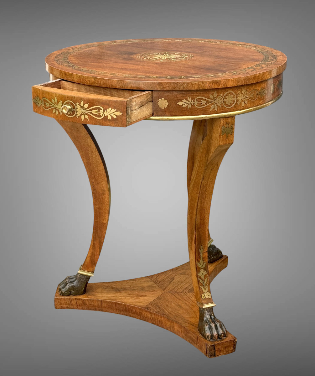 19th Century Round Tripod Side Table In Empire Style Brass Inlay-photo-3