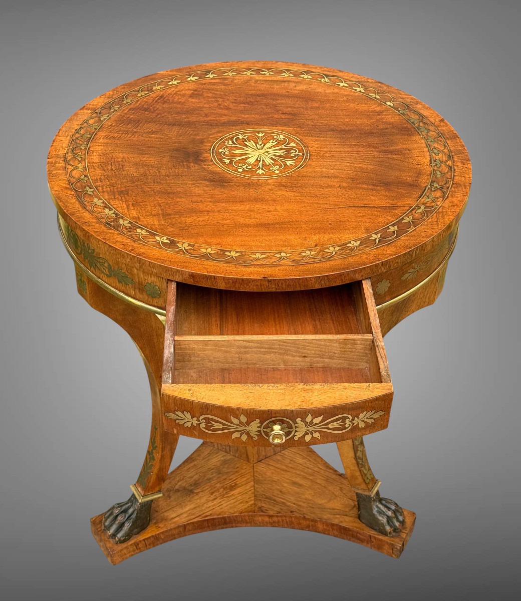 19th Century Round Tripod Side Table In Empire Style Brass Inlay-photo-4