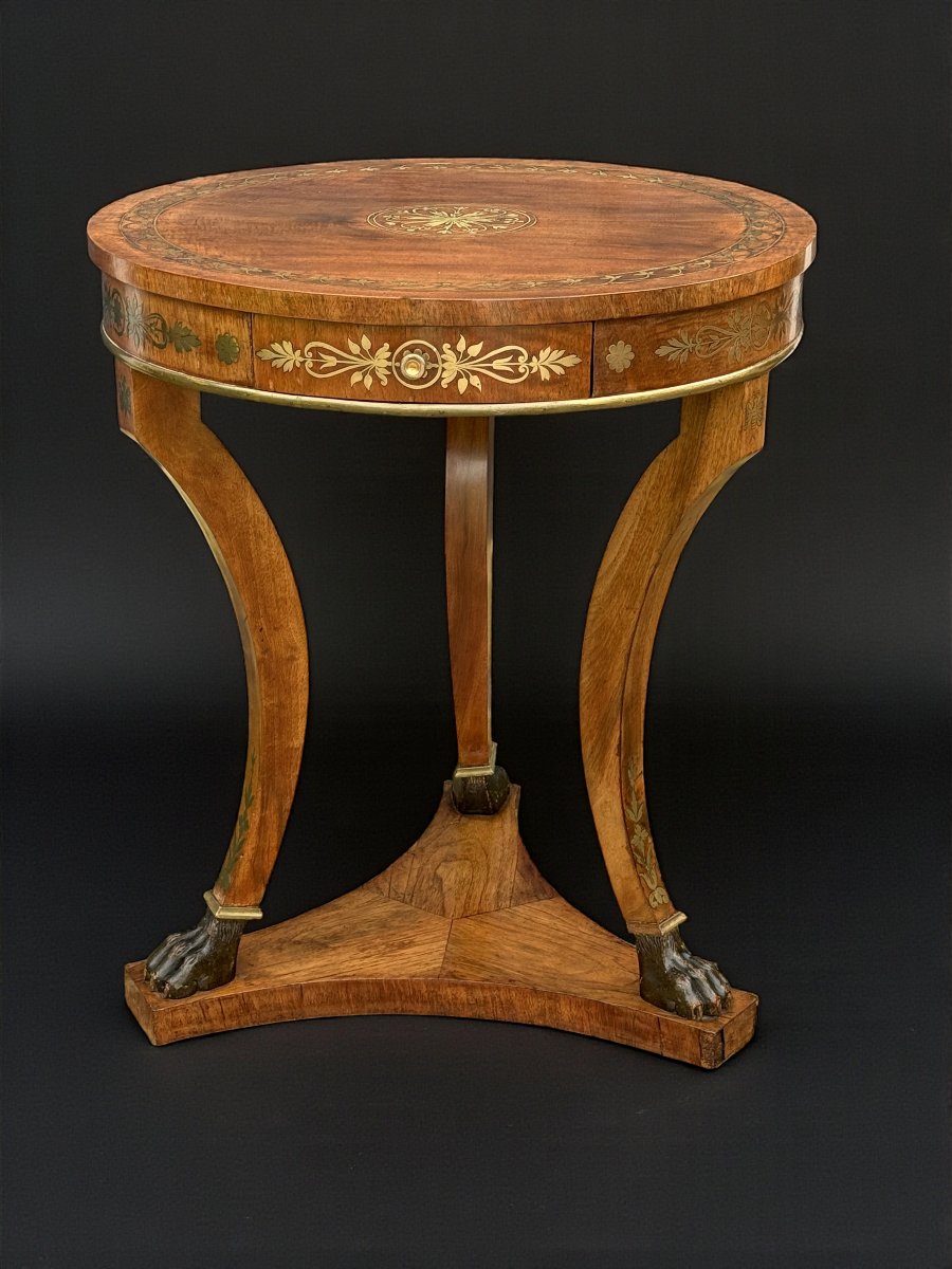 19th Century Round Tripod Side Table In Empire Style Brass Inlay-photo-8
