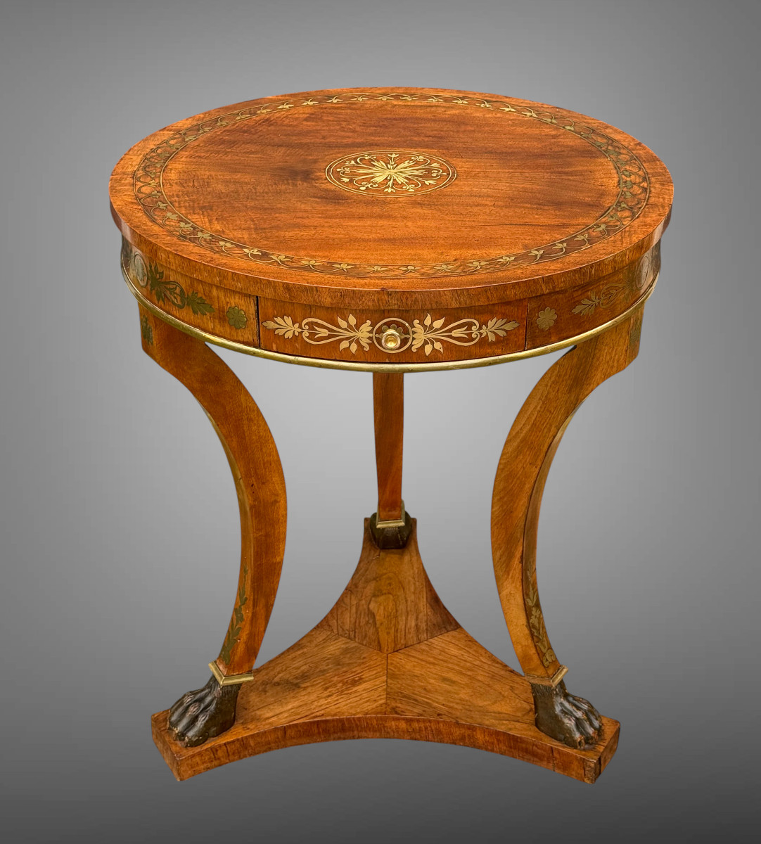19th Century Round Tripod Side Table In Empire Style Brass Inlay