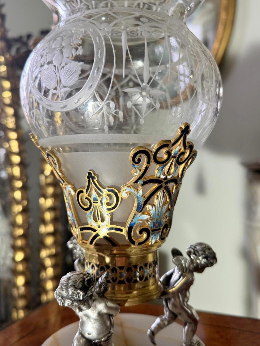 Barbedienne (attributed To) Crystal Cup With Enameled Cloisoné Bronze Mount-photo-2