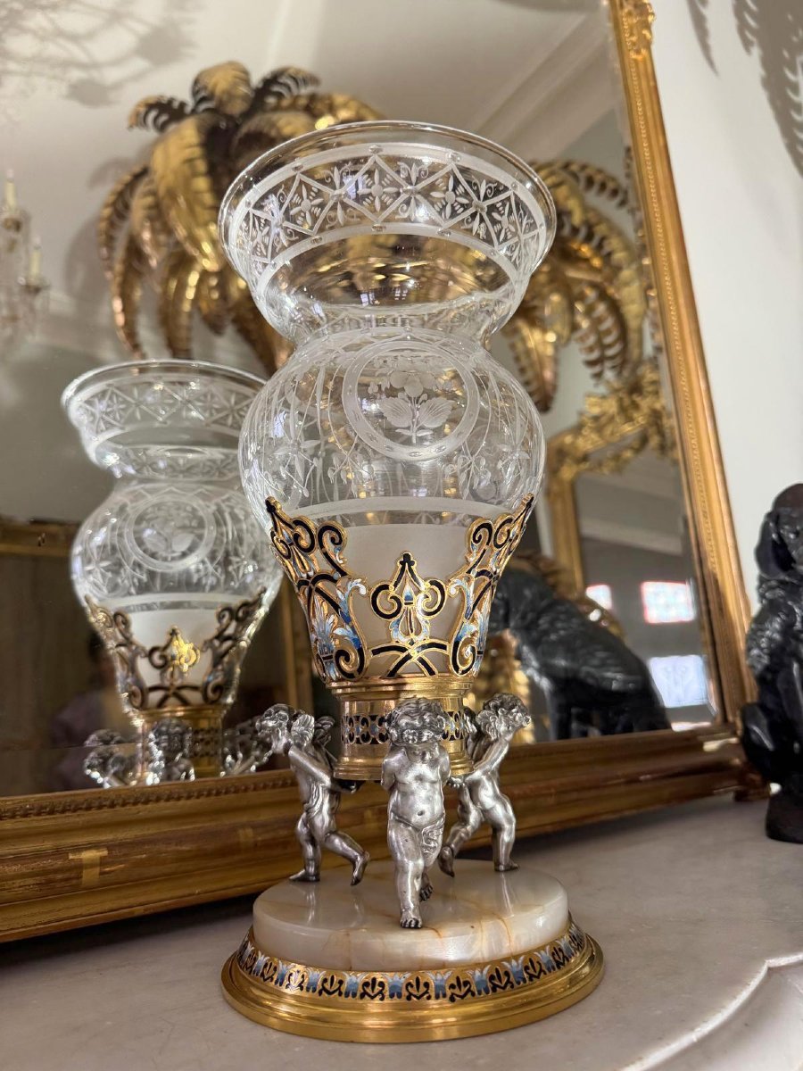 Barbedienne (attributed To) Crystal Cup With Enameled Cloisoné Bronze Mount-photo-3