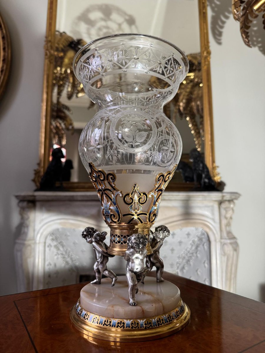 Barbedienne (attributed To) Crystal Cup With Enameled Cloisoné Bronze Mount-photo-4