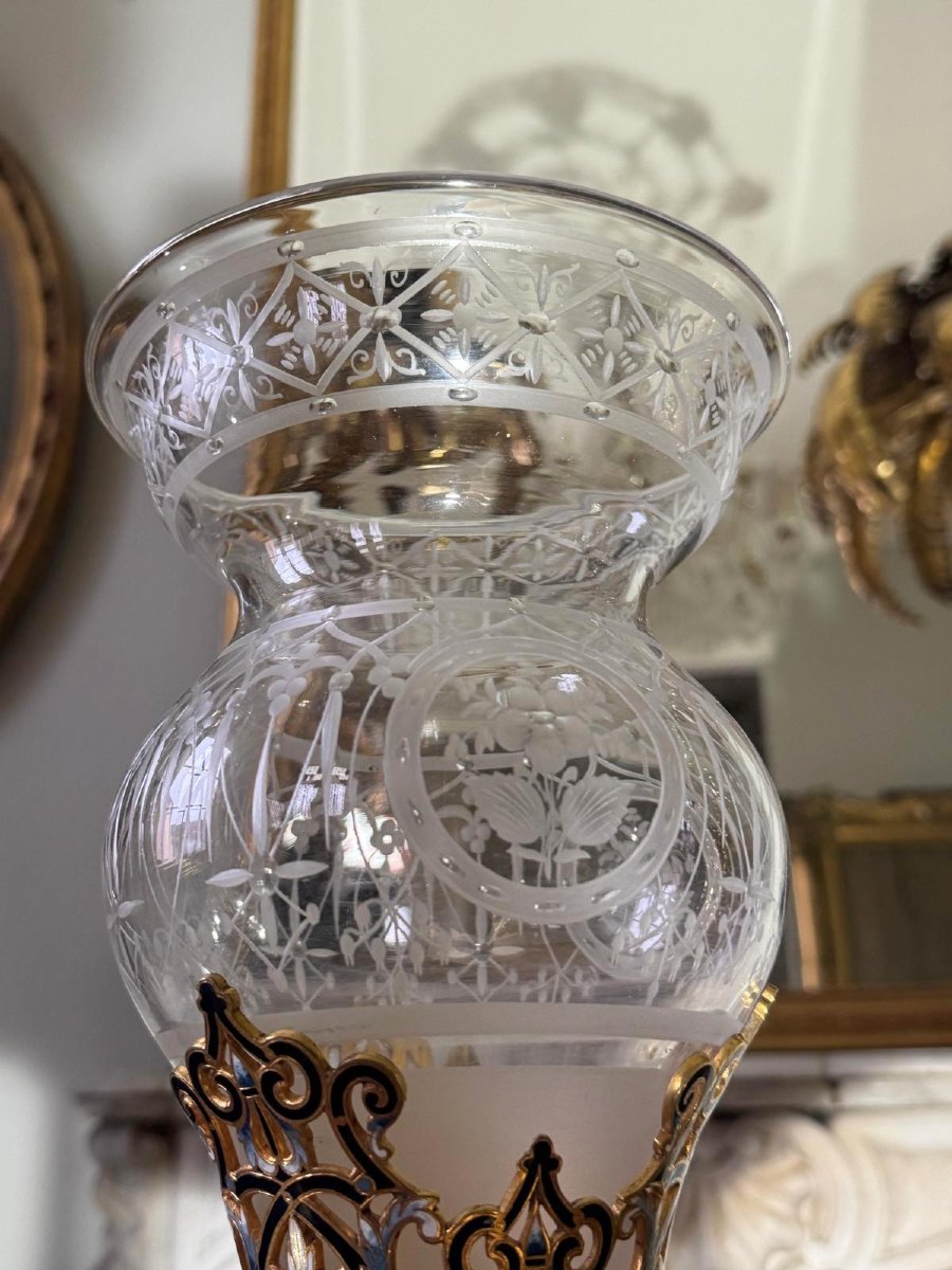 Barbedienne (attributed To) Crystal Cup With Enameled Cloisoné Bronze Mount-photo-4