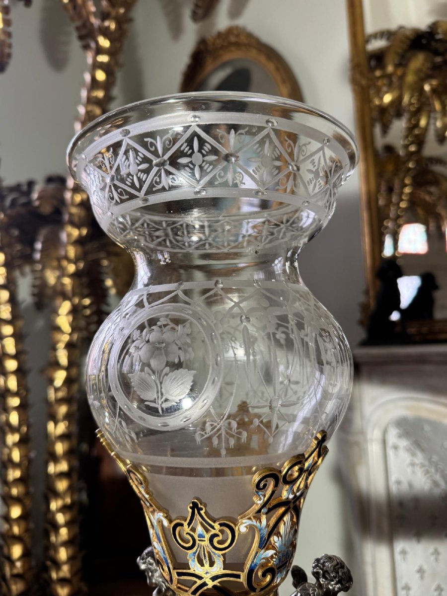 Barbedienne (attributed To) Crystal Cup With Enameled Cloisoné Bronze Mount-photo-7