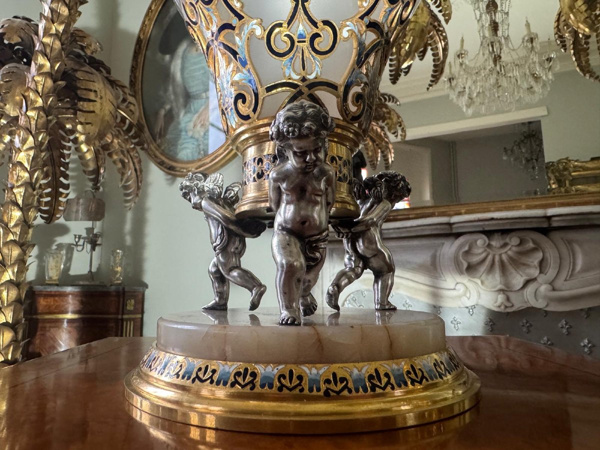 Barbedienne (attributed To) Crystal Cup With Enameled Cloisoné Bronze Mount-photo-8