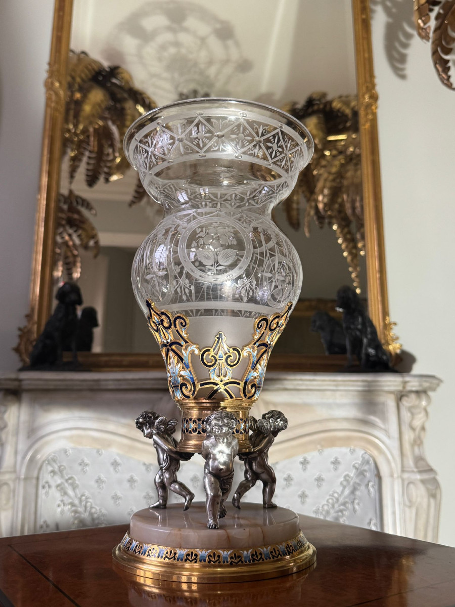 Barbedienne (attributed To) Crystal Cup With Enameled Cloisoné Bronze Mount