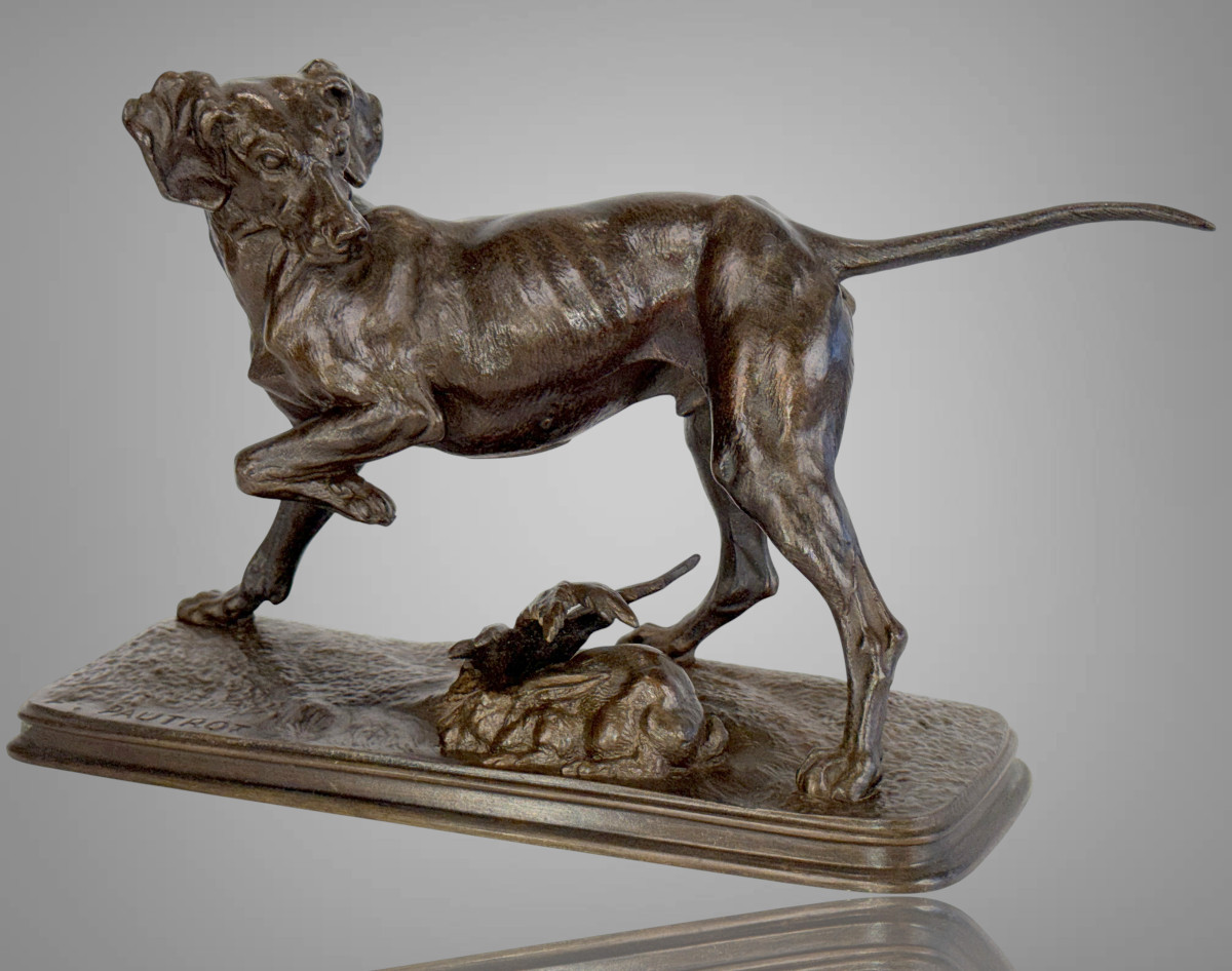 19th Century Bronze Sculpture By Ferdinand Pautrot Depicting A Hunting Dog At Rest-photo-3