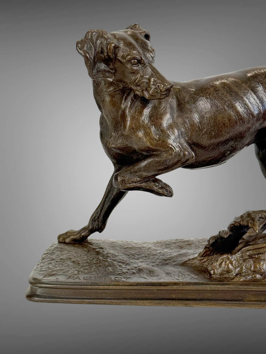 19th Century Bronze Sculpture By Ferdinand Pautrot Depicting A Hunting Dog At Rest-photo-1