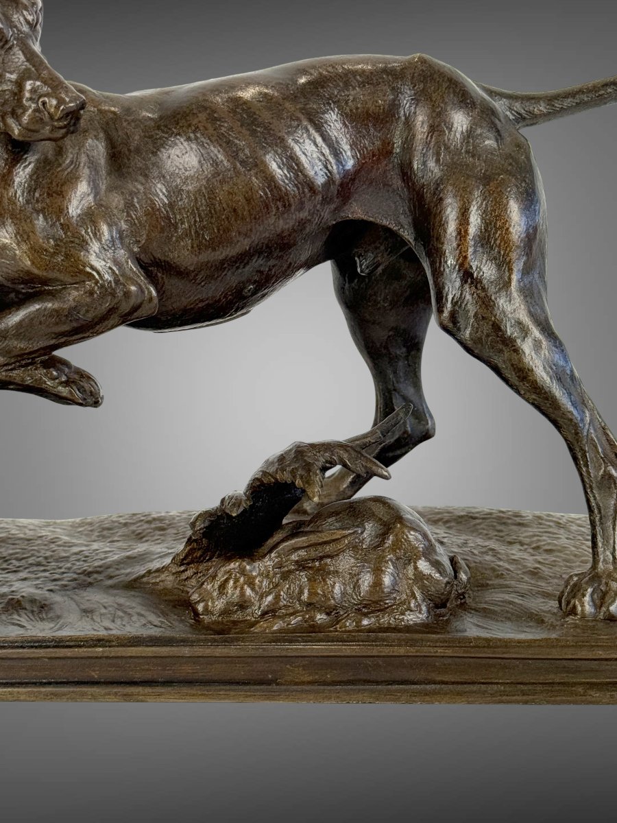 19th Century Bronze Sculpture By Ferdinand Pautrot Depicting A Hunting Dog At Rest-photo-2