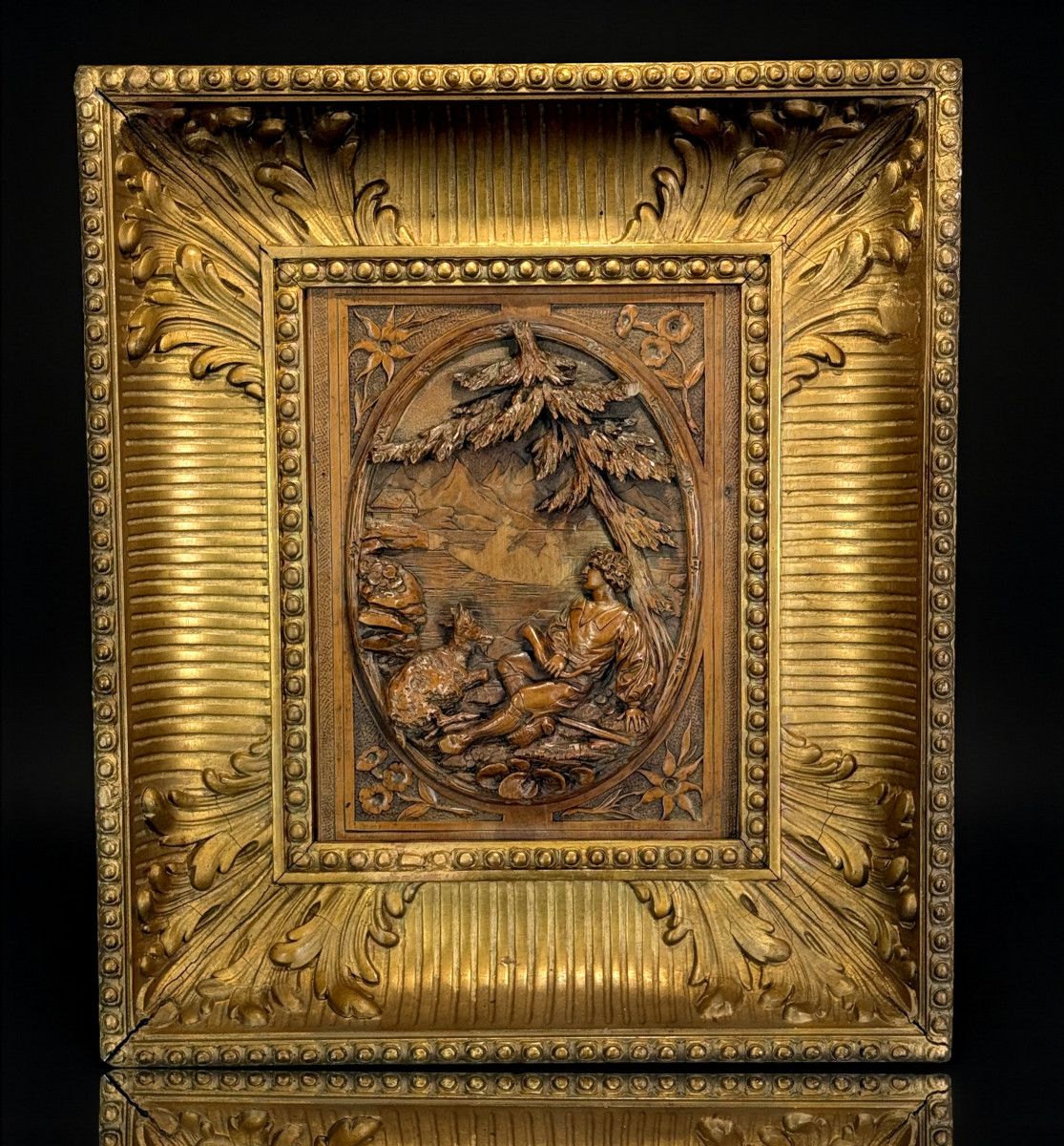 Painting / Boxwood Sculpture Depicting A Shepherd And His Goat / Framed-photo-2