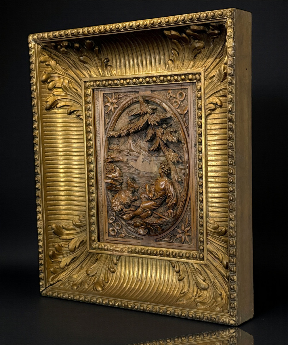 Painting / Boxwood Sculpture Depicting A Shepherd And His Goat / Framed-photo-3