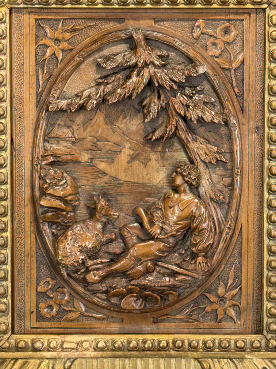 Painting / Boxwood Sculpture Depicting A Shepherd And His Goat / Framed-photo-4