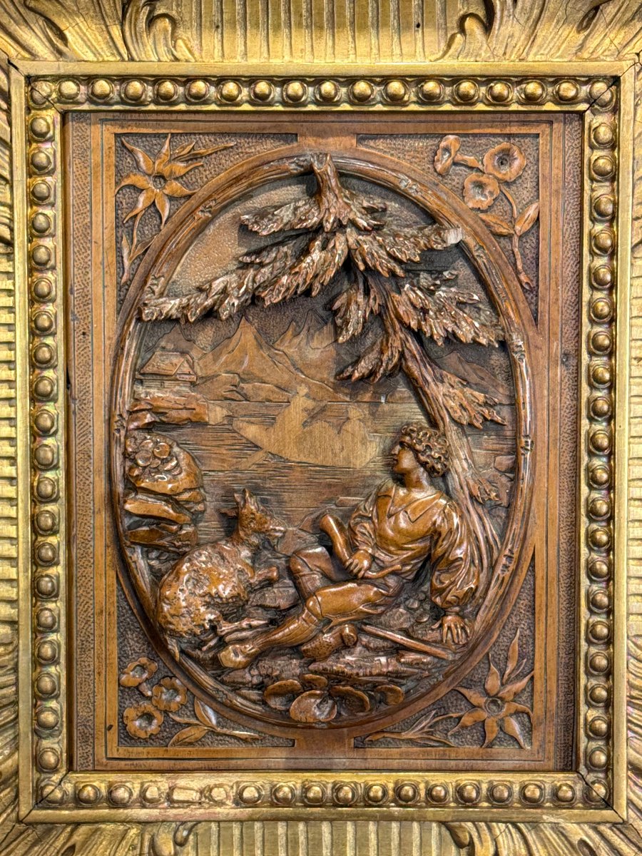 Painting / Boxwood Sculpture Depicting A Shepherd And His Goat / Framed-photo-6