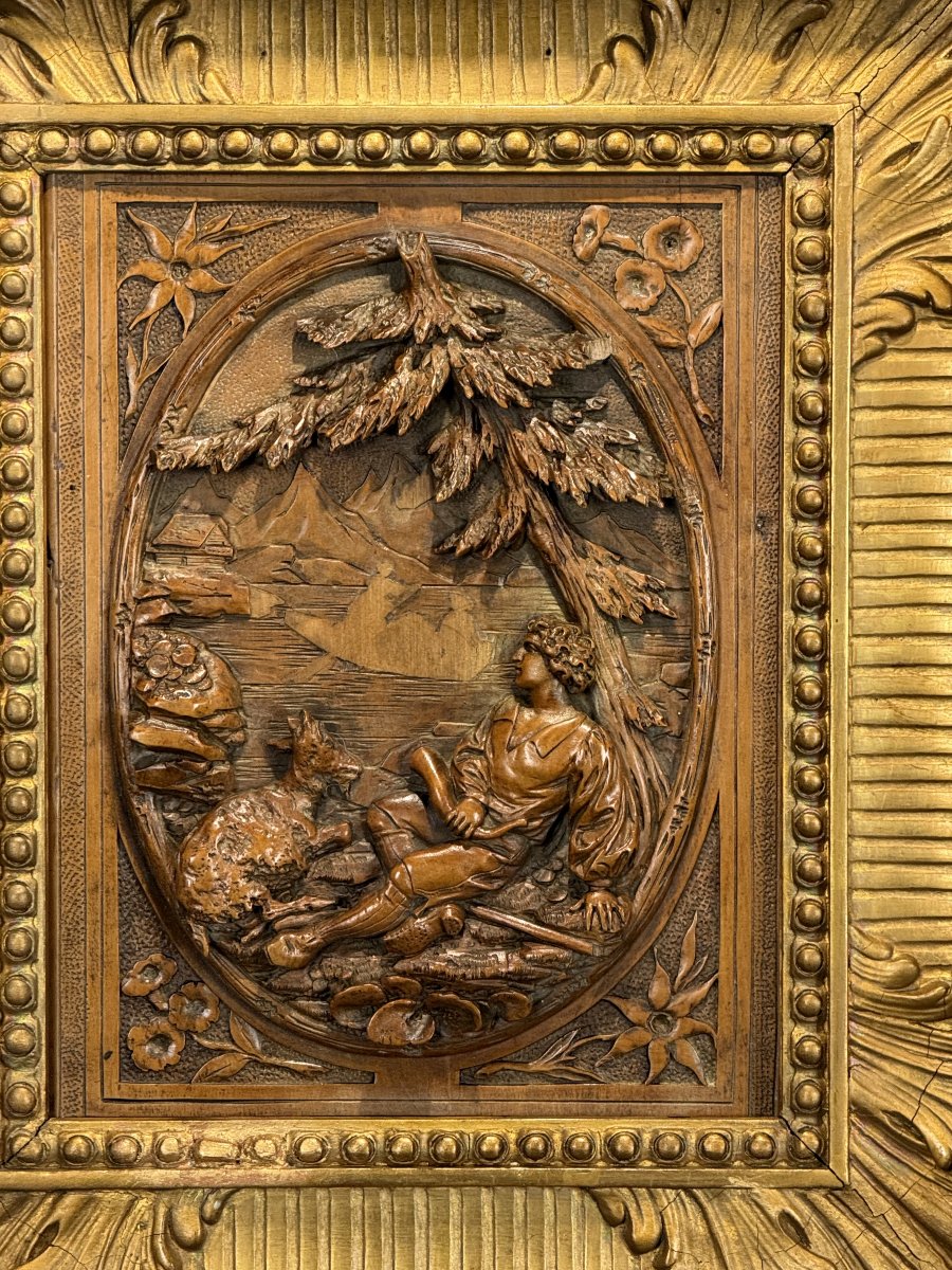 Painting / Boxwood Sculpture Depicting A Shepherd And His Goat / Framed-photo-7