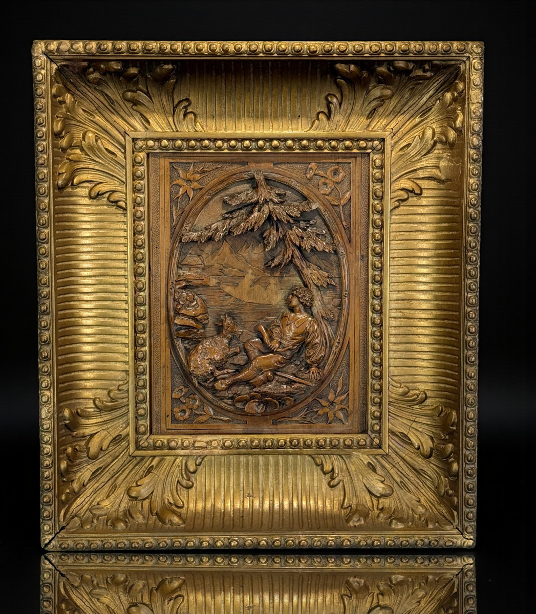 Painting / Boxwood Sculpture Depicting A Shepherd And His Goat / Framed