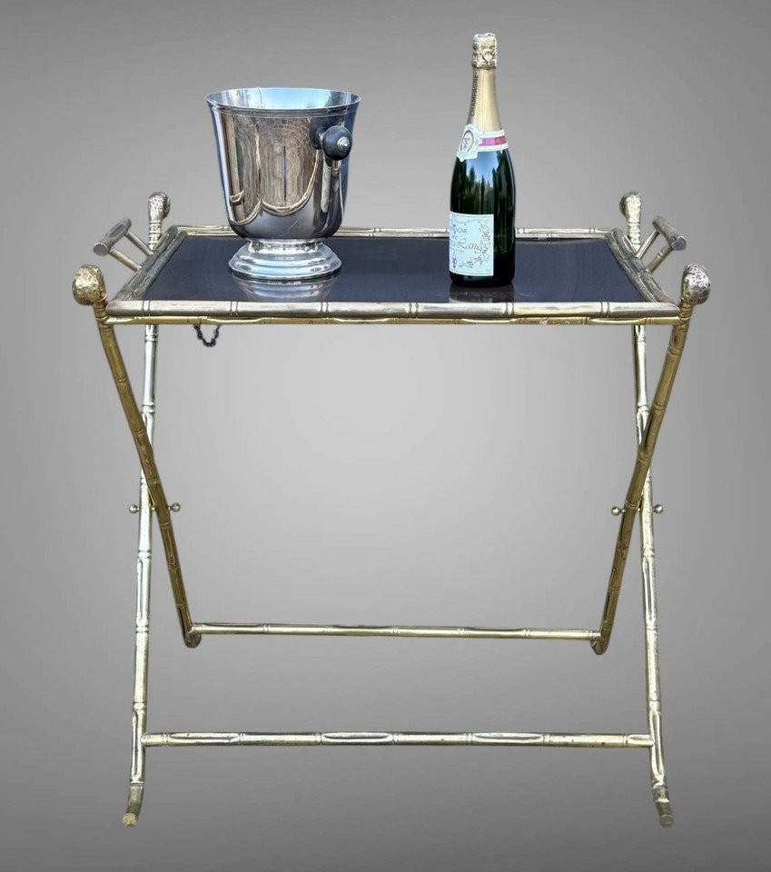 1970s Rings House / Folding Serving Table In Gilt Brass With Bamboo Decoration-photo-2