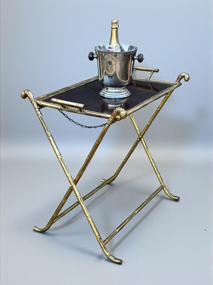 1970s Rings House / Folding Serving Table In Gilt Brass With Bamboo Decoration-photo-3