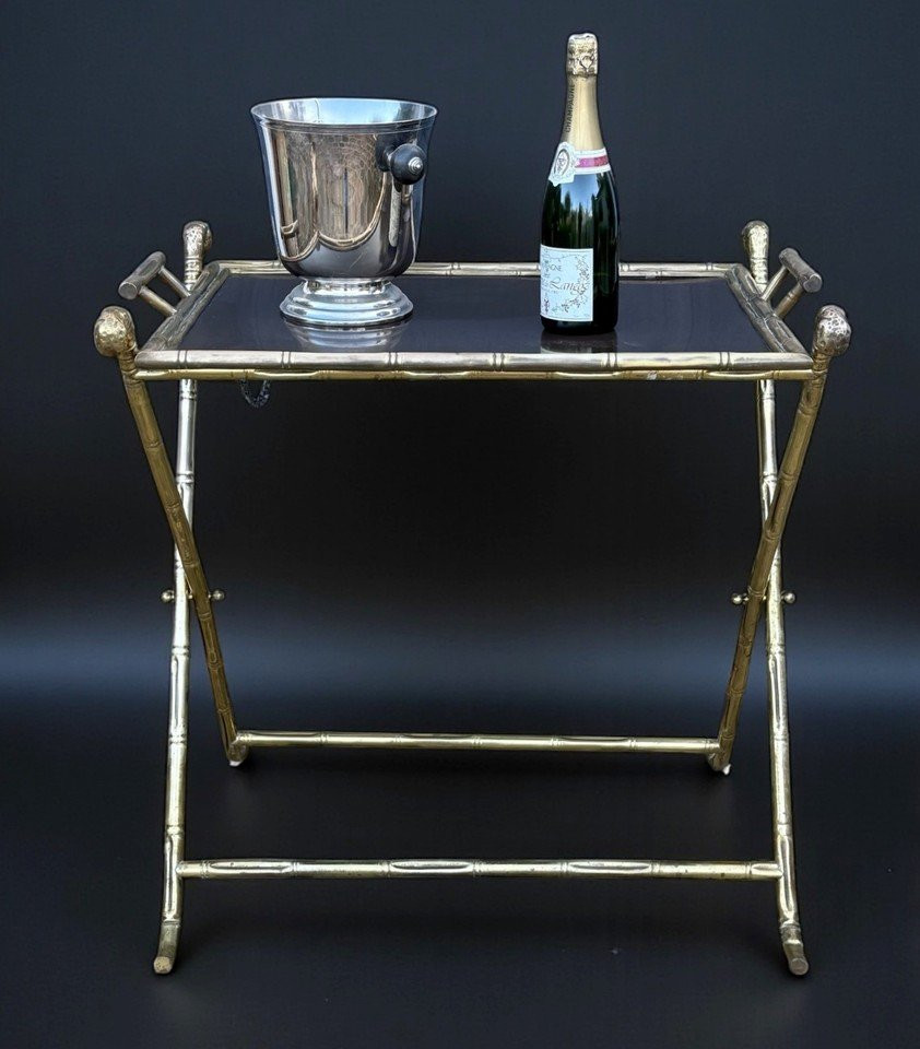 1970s Rings House / Folding Serving Table In Gilt Brass With Bamboo Decoration-photo-1