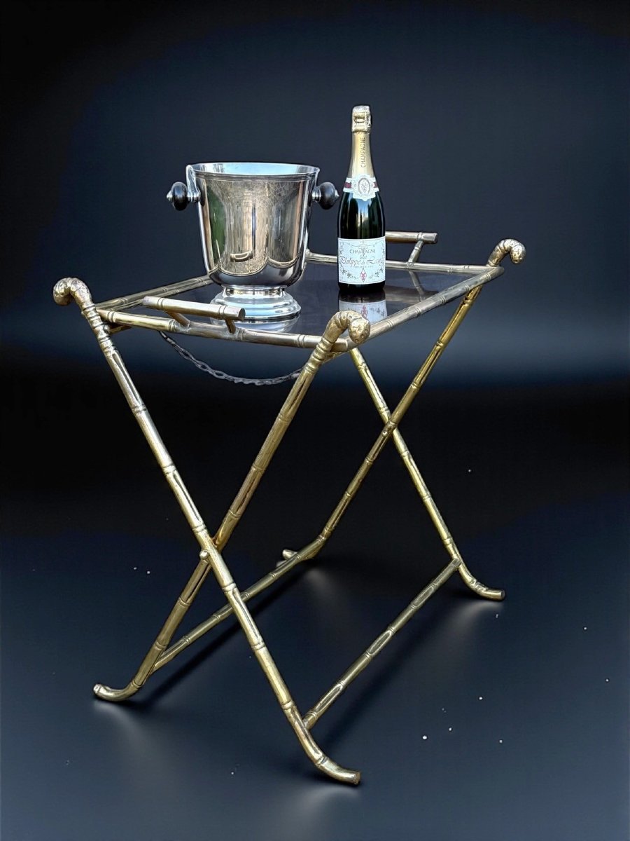 1970s Rings House / Folding Serving Table In Gilt Brass With Bamboo Decoration-photo-2