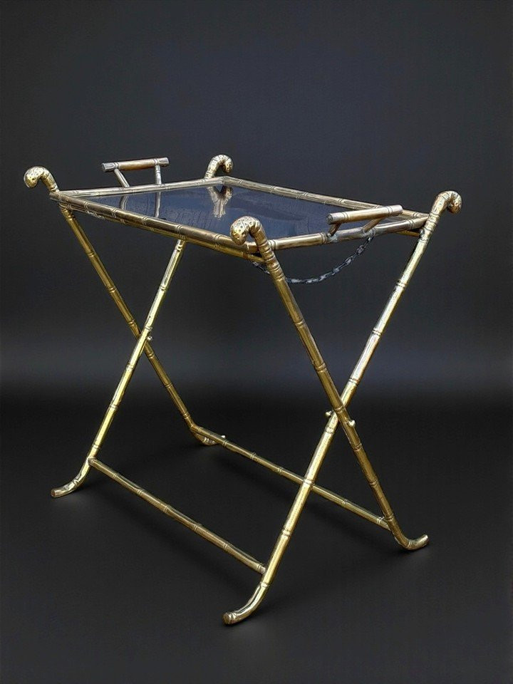 1970s Rings House / Folding Serving Table In Gilt Brass With Bamboo Decoration-photo-4