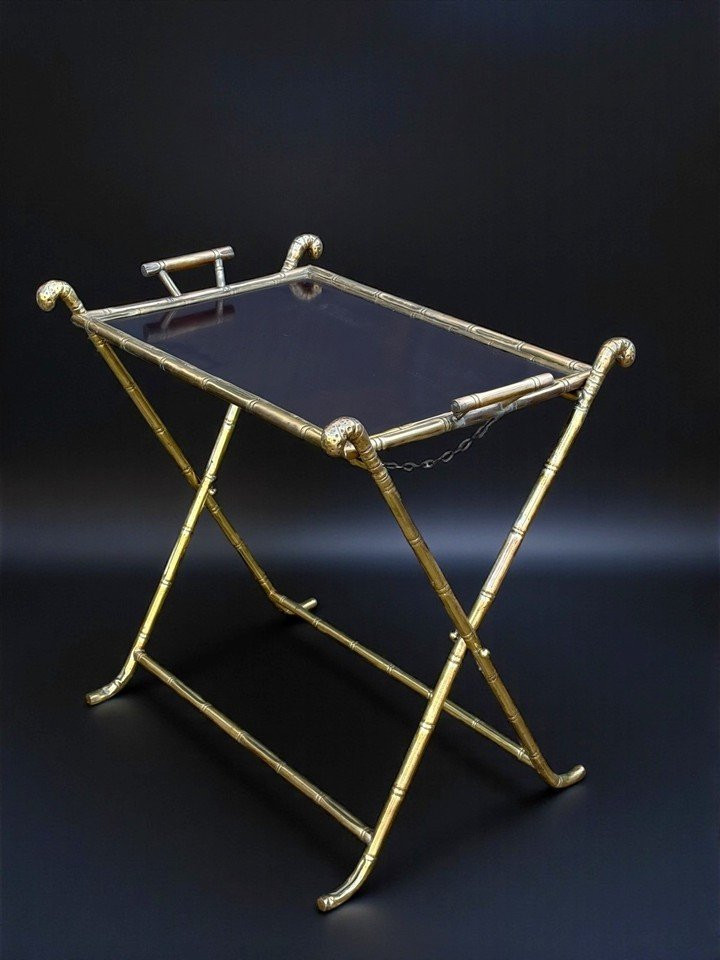 1970s Rings House / Folding Serving Table In Gilt Brass With Bamboo Decoration-photo-5