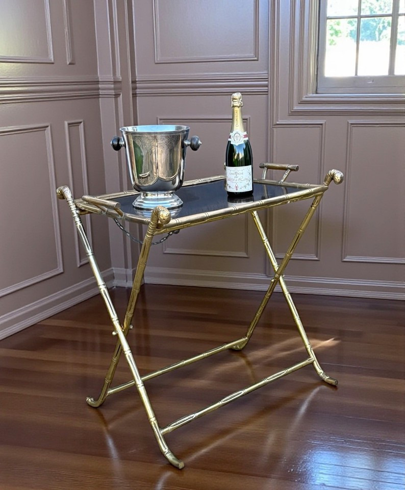1970s Rings House / Folding Serving Table In Gilt Brass With Bamboo Decoration