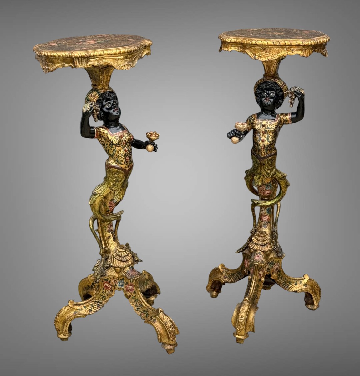 Pair Of Venetian Side Tables (italy, 19th Century) In Polychrome Carved Wood-photo-8