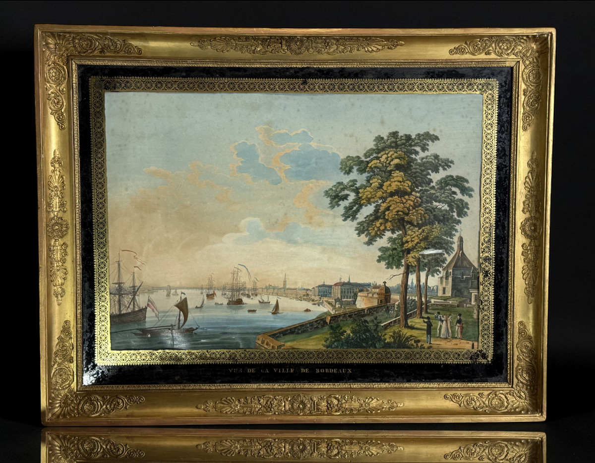Large 19th Century Gouache (neapolitan Painter) "view Of The City Of Bordeaux"-photo-2