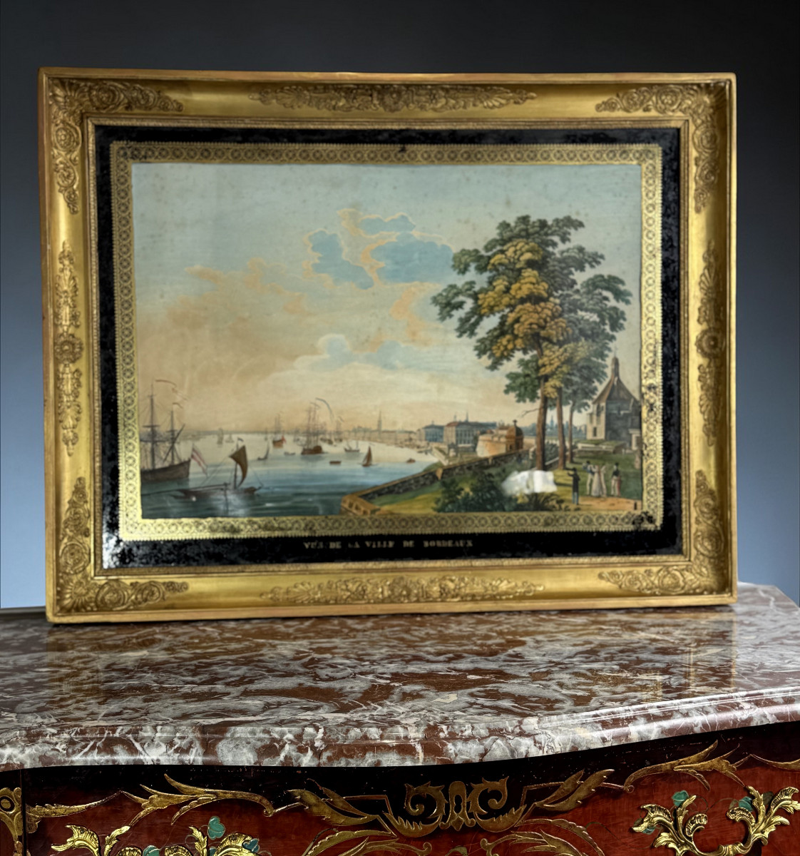 Large 19th Century Gouache (neapolitan Painter) "view Of The City Of Bordeaux"-photo-3