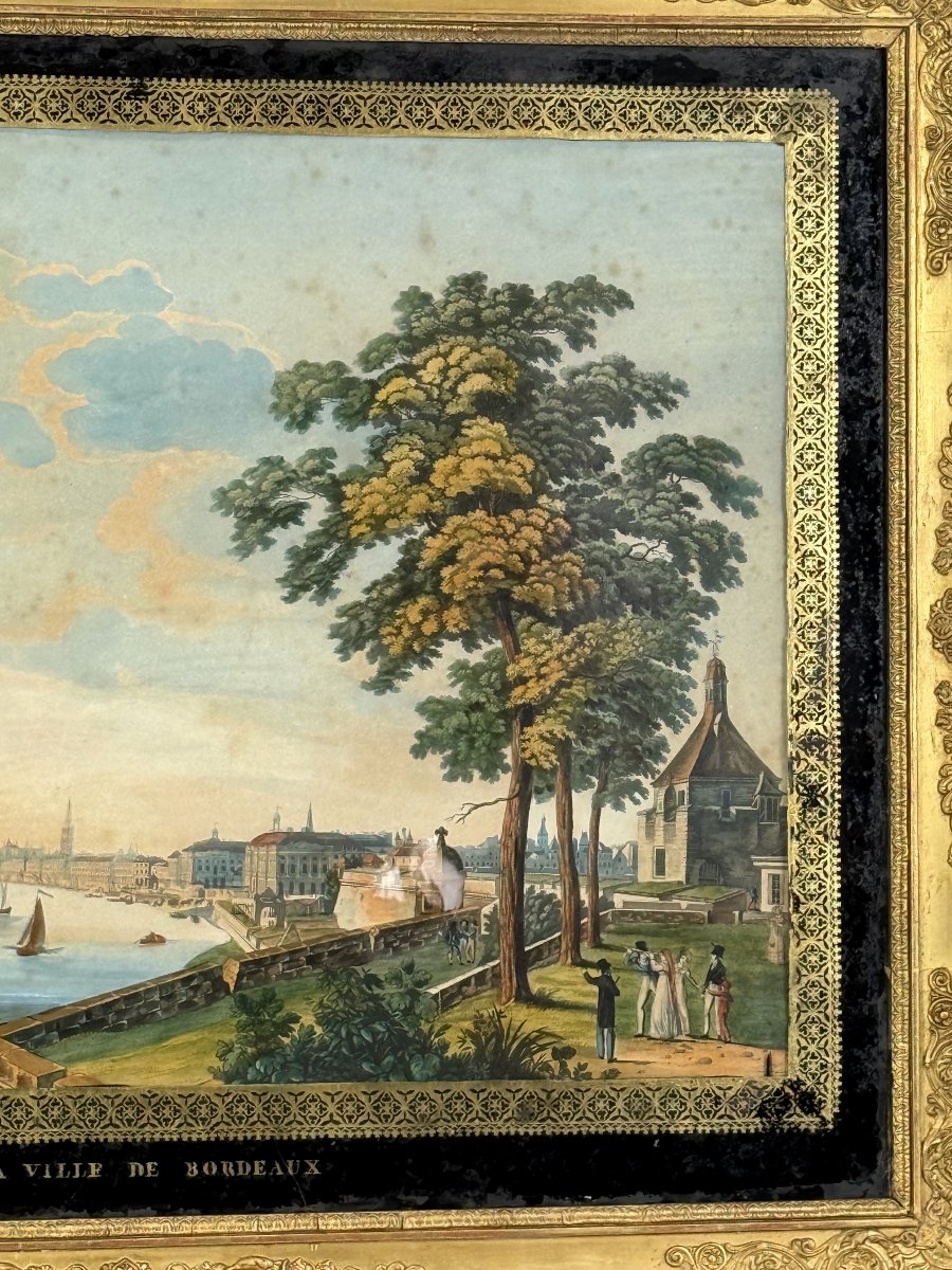 Large 19th Century Gouache (neapolitan Painter) "view Of The City Of Bordeaux"-photo-3