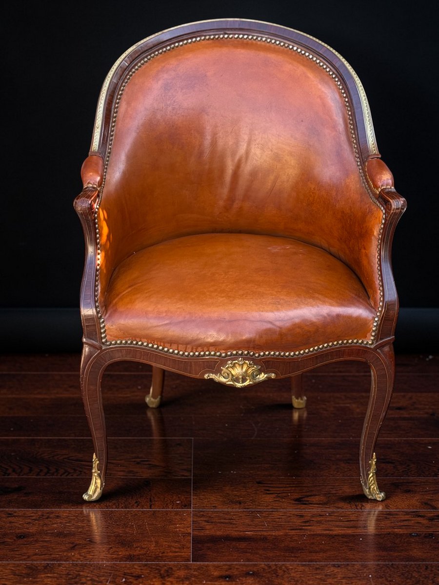 FAUTEUIL DE BUREAU ANCIEN DE STYLE LOUIS XV EN ACAJOU ORNÉ DE BRONZE ET CUIR-photo-4