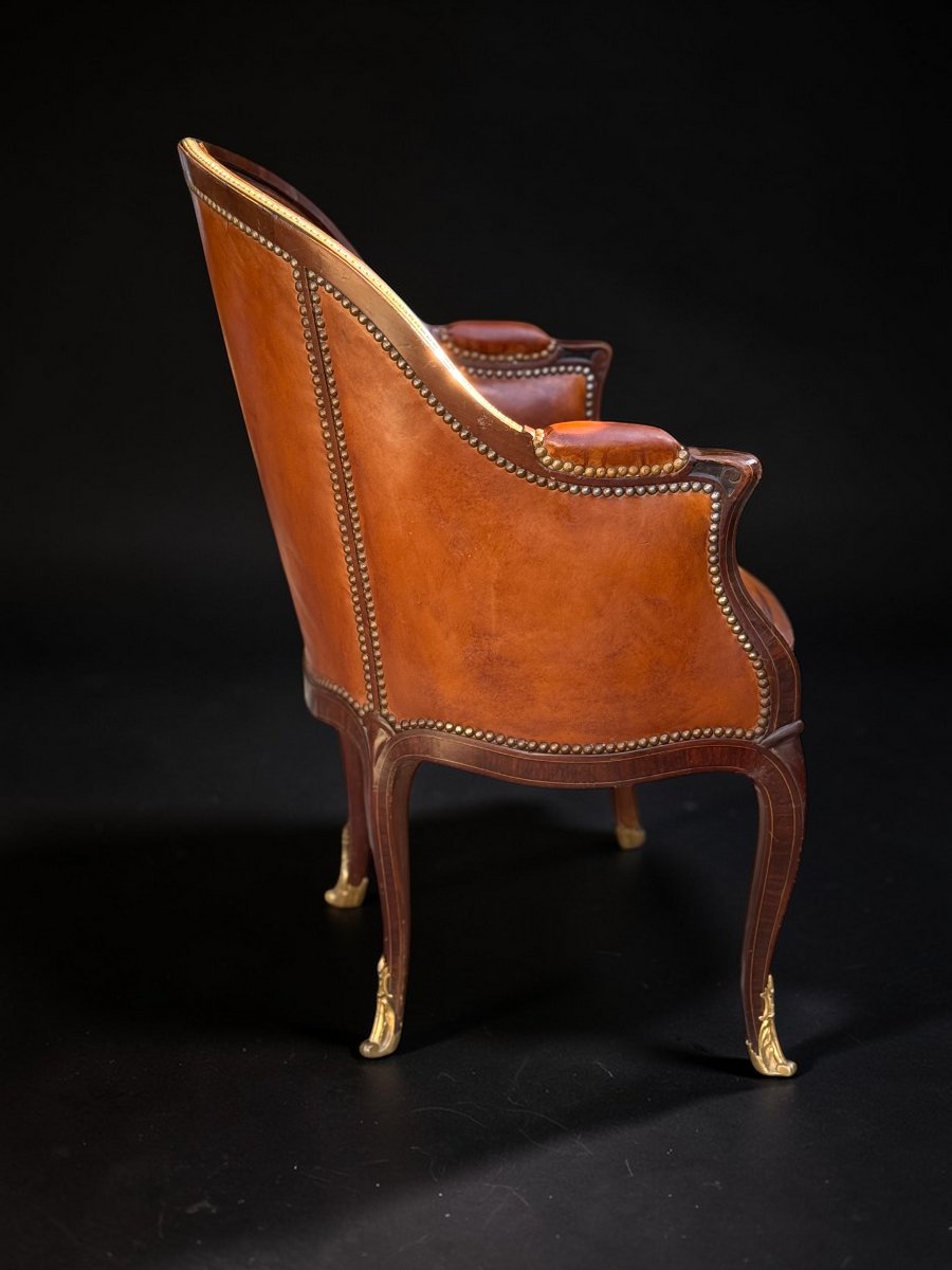 FAUTEUIL DE BUREAU ANCIEN DE STYLE LOUIS XV EN ACAJOU ORNÉ DE BRONZE ET CUIR-photo-2