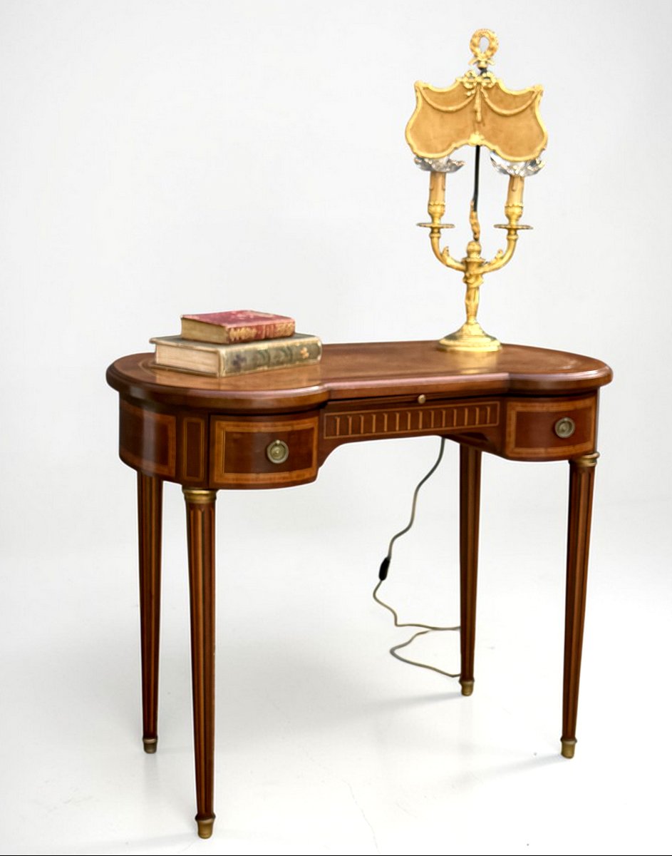 Kidney-shaped Flat Desk In Mahogany Veneer, Louis XVI Style, Circa 1900-photo-2