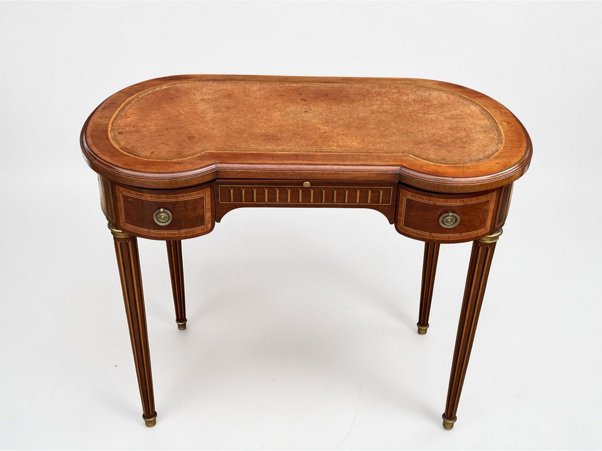 Kidney-shaped Flat Desk In Mahogany Veneer, Louis XVI Style, Circa 1900-photo-4