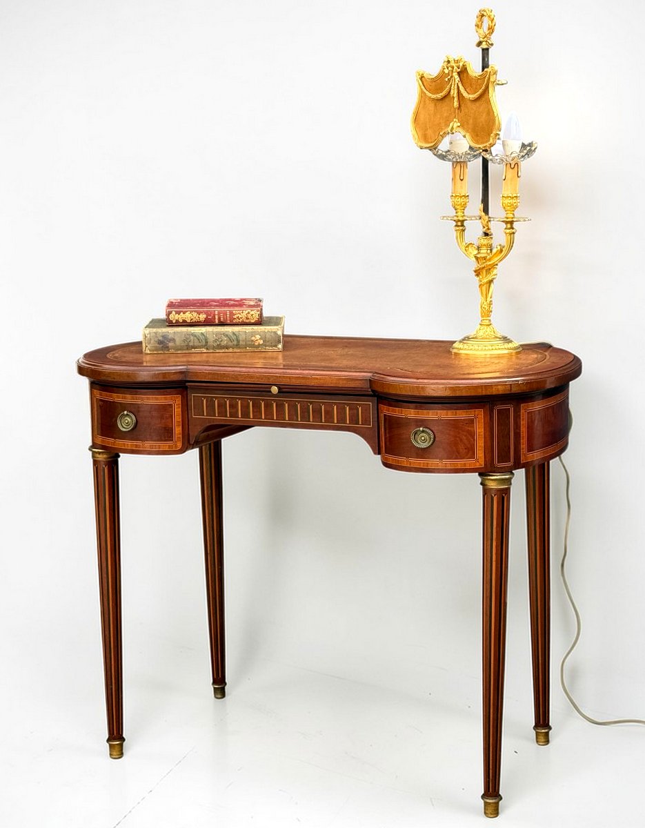 Kidney-shaped Flat Desk In Mahogany Veneer, Louis XVI Style, Circa 1900-photo-1