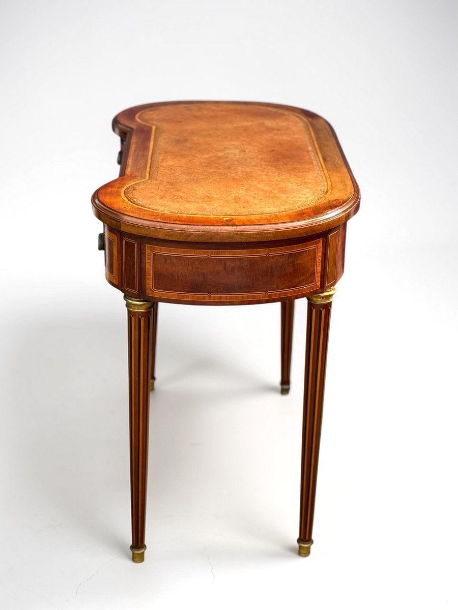 Kidney-shaped Flat Desk In Mahogany Veneer, Louis XVI Style, Circa 1900-photo-3