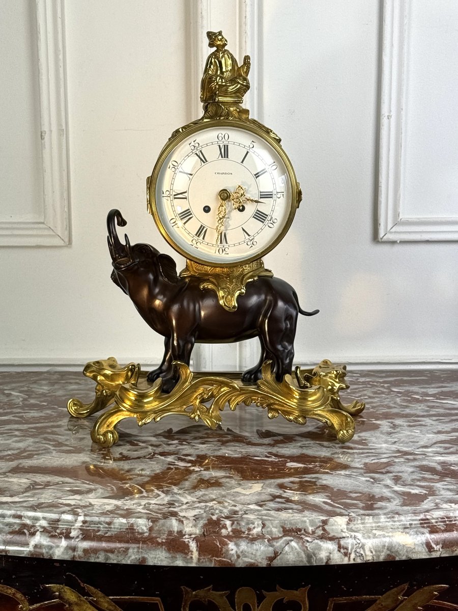 Louis XV Style Elephant Clock In Patinated And Gilt Bronze From The 1970s-photo-2
