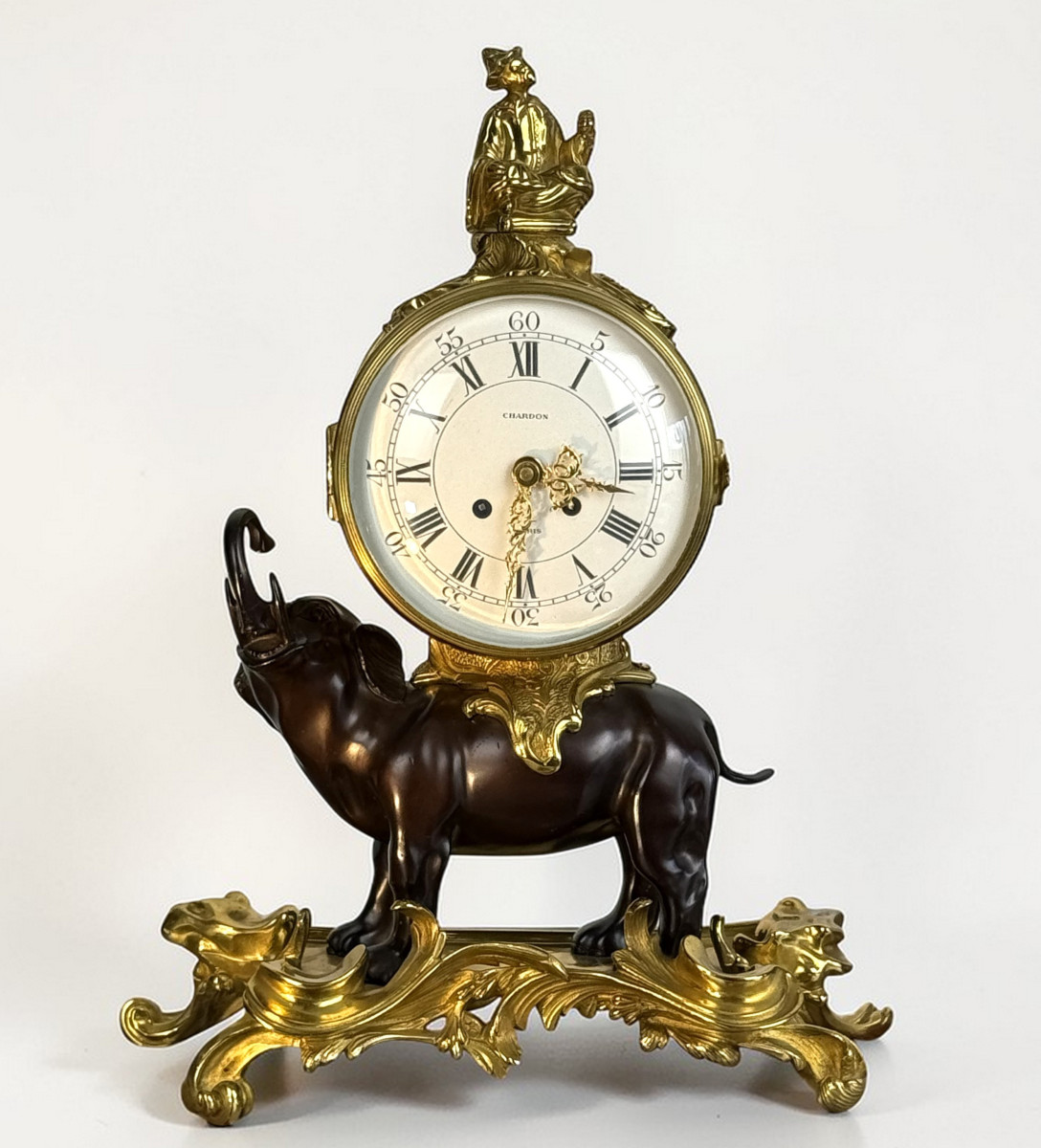 Louis XV Style Elephant Clock In Patinated And Gilt Bronze From The 1970s