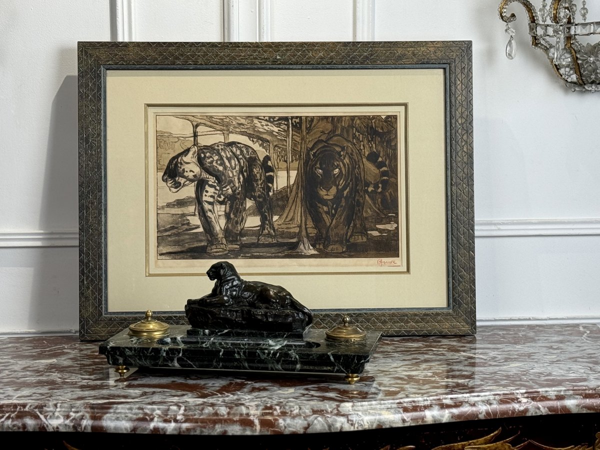 Paul JOUVE (1878-1973) LITHOGRAPHIE ORIGINALE SIGNÉE EN COULEUR " DEUX JAGUARS-photo-3