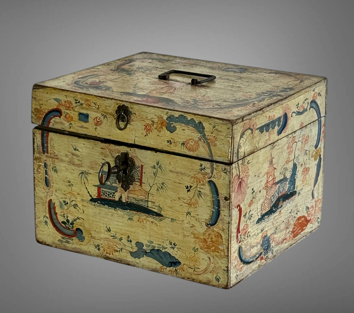 17th Century Decorative Travel Box In Polychrome Painted Wood On A Light Background