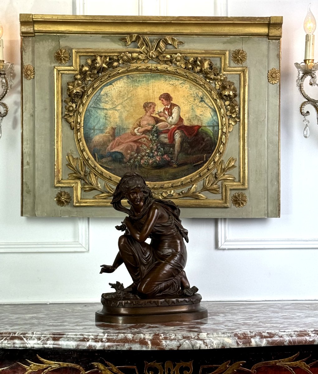 ELEMENT DE BOISERIE LOUIS XVI DU XIXE A DECOR D UNE PEINTURE SCENE ROMANTIQUE-photo-3